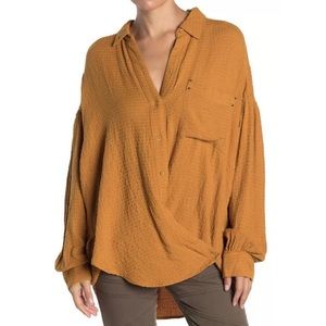 NEW Free People Tunic Blouson Wrap Oversized Button Up Top Gold Long Sleeve Sz S